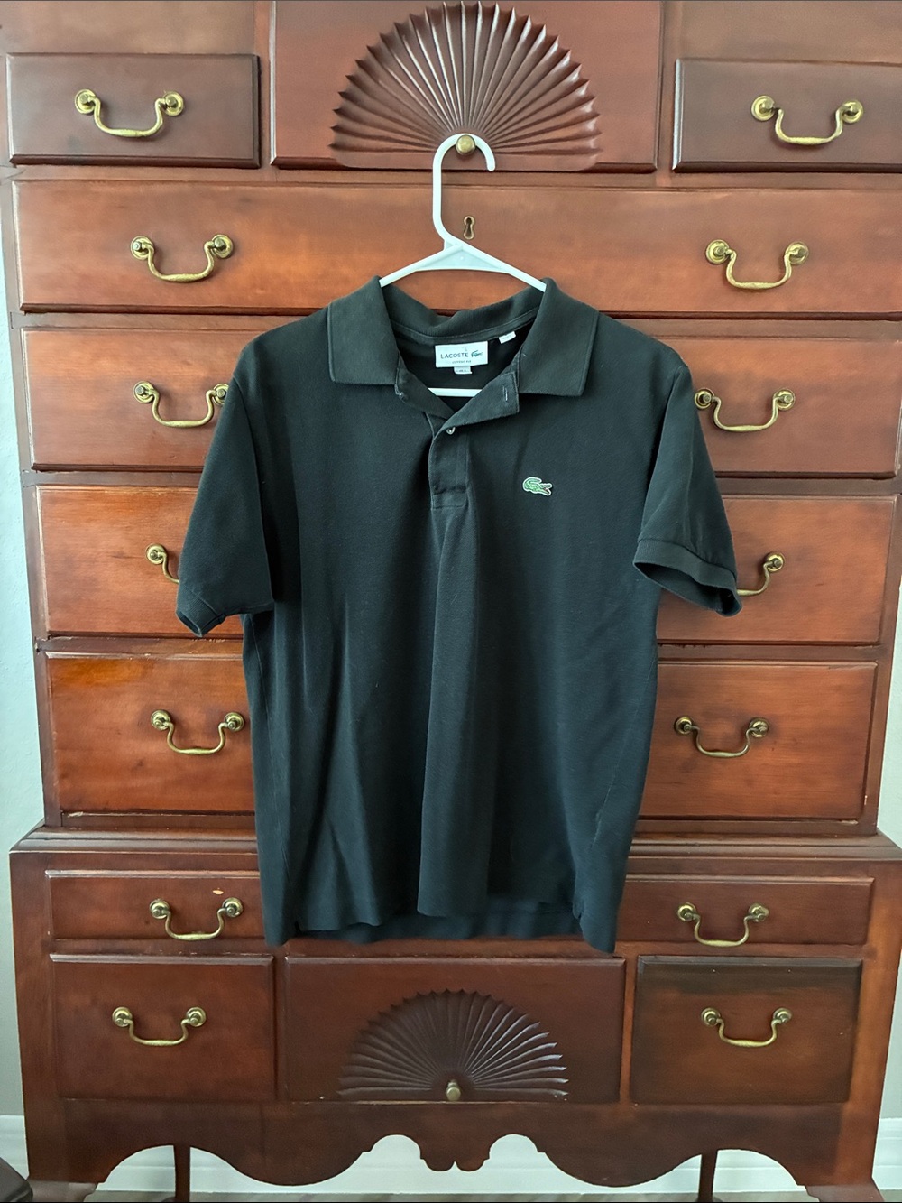 Lacoste Black Short-Sleeve Polo with Green Crocodile Logo